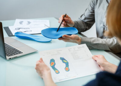 Dva lidé sedí u stolu s notebookem, tabulkami pro analýzu tlaku na nohy a vložkami na míru. Jedna osoba drží modrou stélku a ukazuje na ni, zatímco druhá zkoumá výtisk s barevnými vzorci tlaku na chodidla.