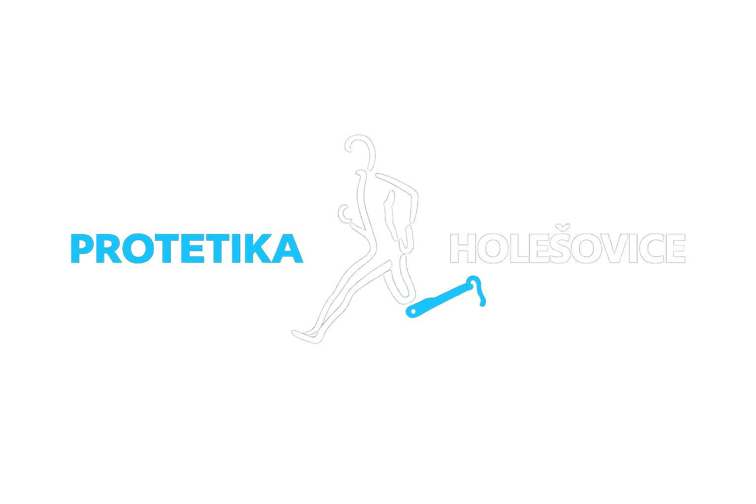 Minimalistické logo Protetiky Holešovice s obrysem běžící postavy s protézou nohy. Vlevo je modrá barva PROTETIKA, vpravo světle šedá barva HOLEŠOVICE.