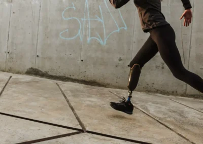 Osoba s protézou nohy ve sportovním oblečení běží venku vedle betonové zdi s modrým graffiti. Viditelná je pouze dolní polovina těla.