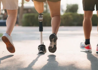 Tři lidé běhají venku; osoba uprostřed má protézu nohy. Slunce vrhá na cestu stíny a v pozadí je vidět zeleň. Zaostřeno je na jejich nohy a chodidla zezadu.