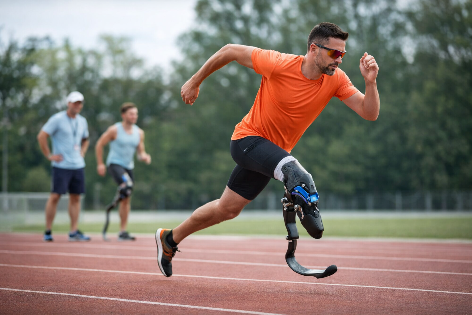 Běžec s protézou nohy sprintuje na venkovní dráze v oranžovém tričku a slunečních brýlích. V pozadí jsou vidět další dva sportovci a trenér. Stromy lemují prostor za tratí.