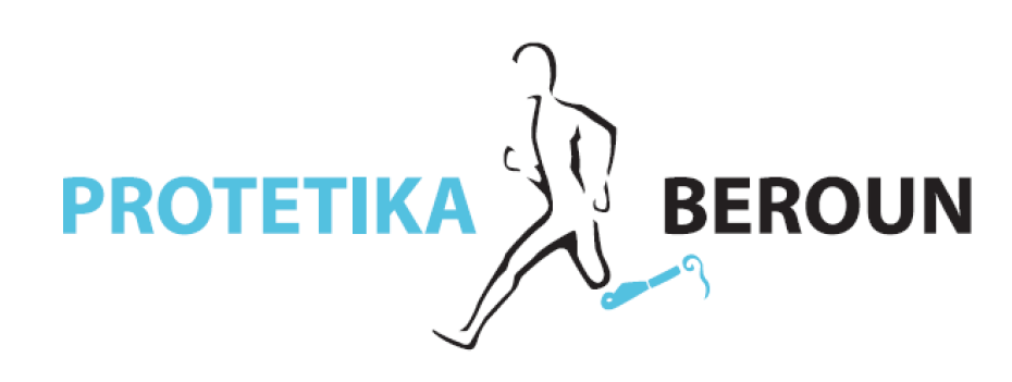 Logo s nápisy PROTETIKA v modré a BEROUN v černé barvě, s jednoduchým obrysem běžící osoby s protézou nohy a modrou protézou končetiny vedle postavy.