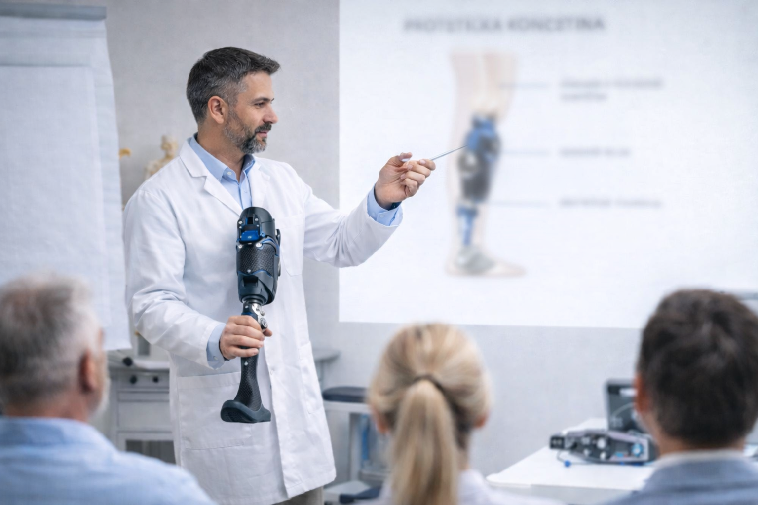 Muž v laboratorním plášti představuje divákům protézu nohy a ukazuje na schéma nohy promítané na obrazovce. Diváci sedí a pozorně sledují dění.