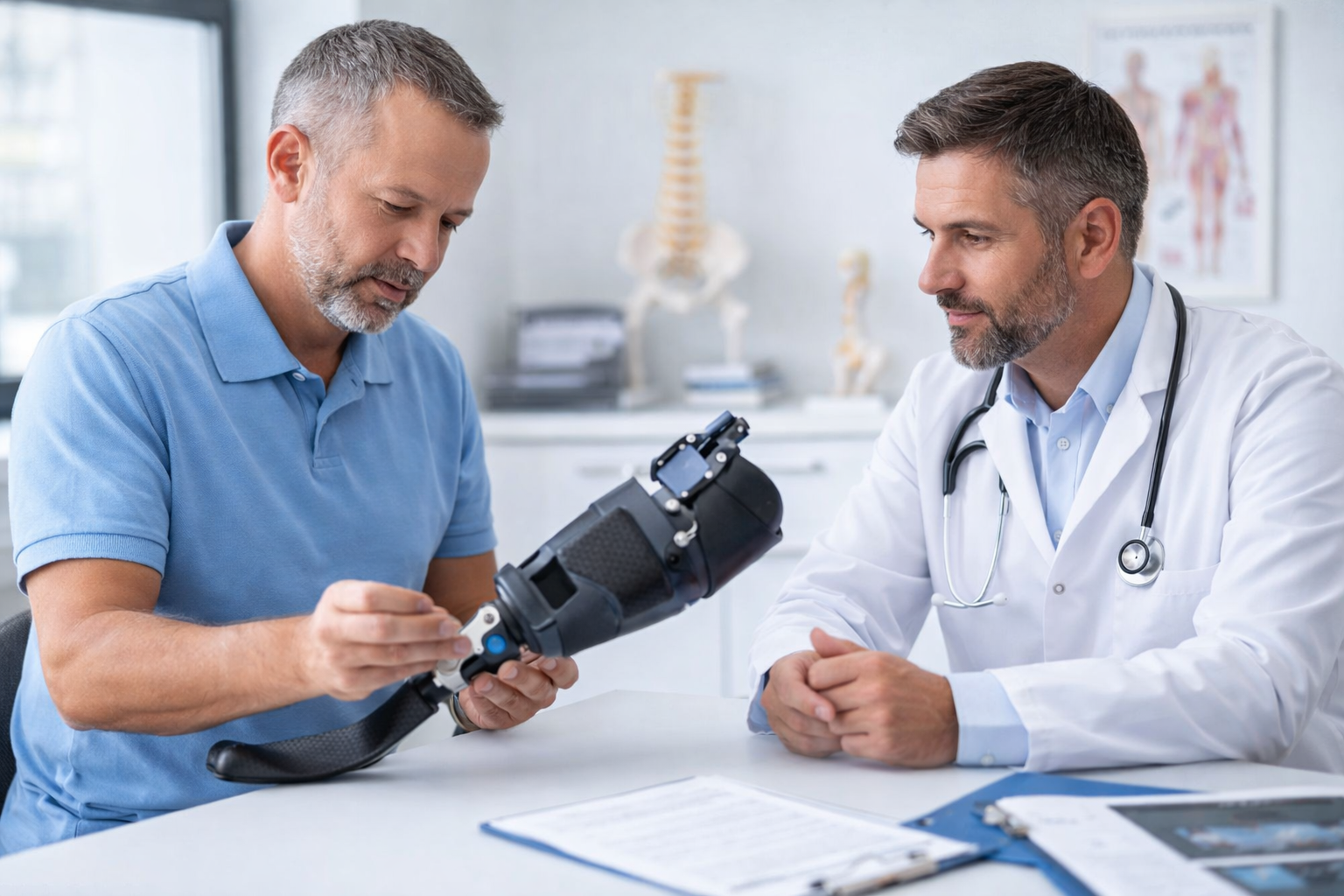 Muž v modré polokošili si prohlíží protézu nohy, zatímco sedí s lékařem v bílém plášti. Nacházejí se v lékařské ordinaci s anatomickými modely a dokumenty na stole.