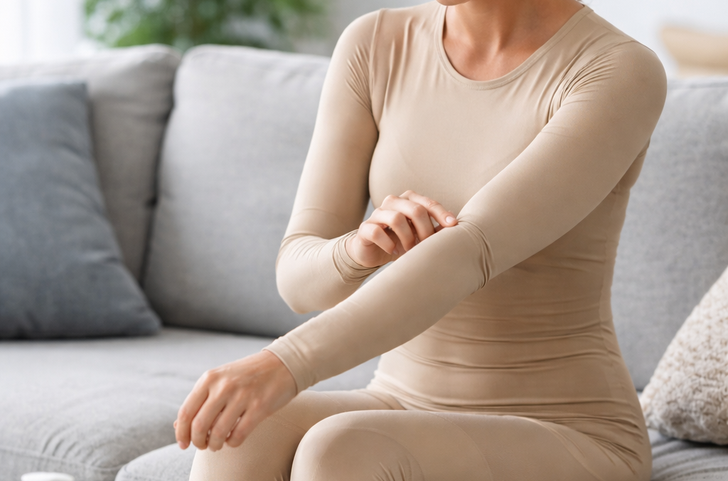 Žena v béžovém oblečení s dlouhými rukávy sedí na šedé pohovce a pravou rukou se dotýká levého lokte nebo se na něm škrábe. Pozadí je jemně rozostřené a ukazuje část obývacího pokoje.