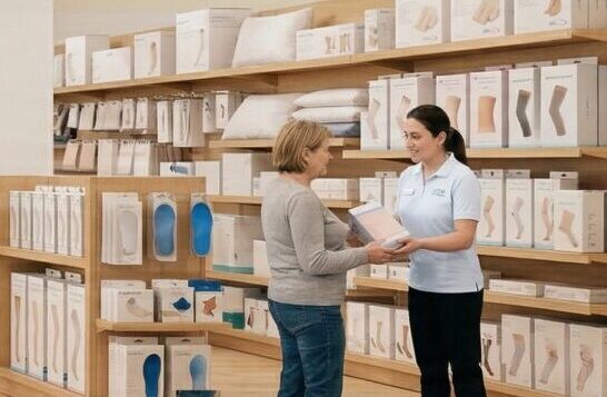 Moderní obchod se zdravotnickými potřebami s odděleními ortéz, pomůcek pro pohyblivost, kompresních pomůcek a výrobků pro každodenní život; personál pomáhá zákazníkům u pultu a na regálech jsou vystaveny různé zdravotnické pomůcky.